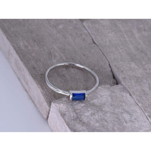 Sterling Silver Baguette Ring Blue CZ Dainty Minimalist Stacking Band Simple Gif - Picture 1 of 5